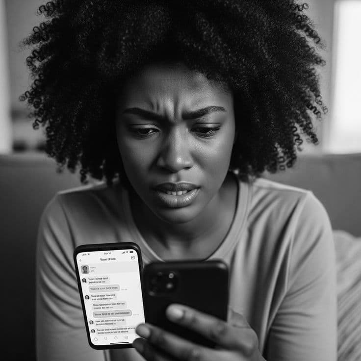 Woman looking at her phone's mpesa message - So utadoo? Utaretaliate!