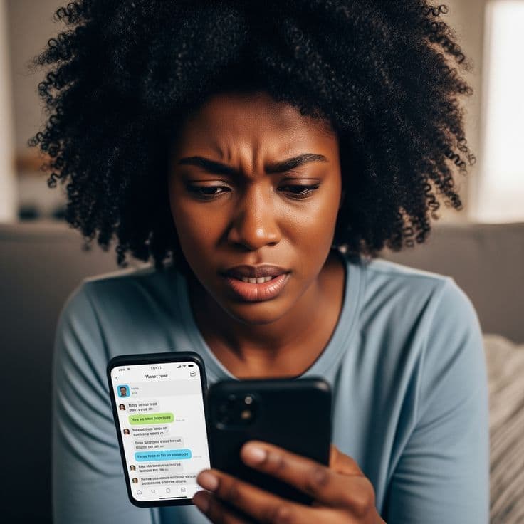 Woman looking at her phone's mpesa message - So utadoo? Utaretaliate!